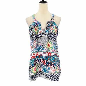 Kyla Seo White Multicolor Floral Bright Statement Boho Patchwork Blouse Top